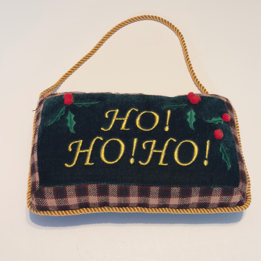 Ho Ho Ho Embroidered Pillow Green Red Plaid Hanging Decor Vintage Small Festive